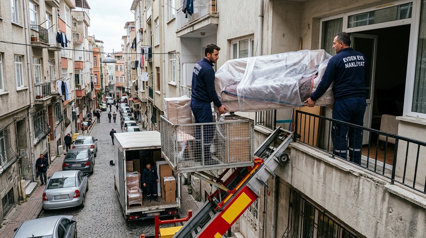 Apartman cephesinde rayli platform uygulamasi - Asansörlü Evden Eve Nakliyat
