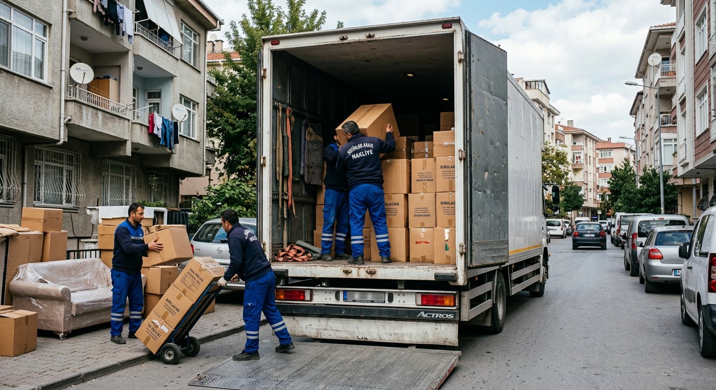 Apartman onunde rampali kamyon yukleme duzeni - asansörlü nakliyat