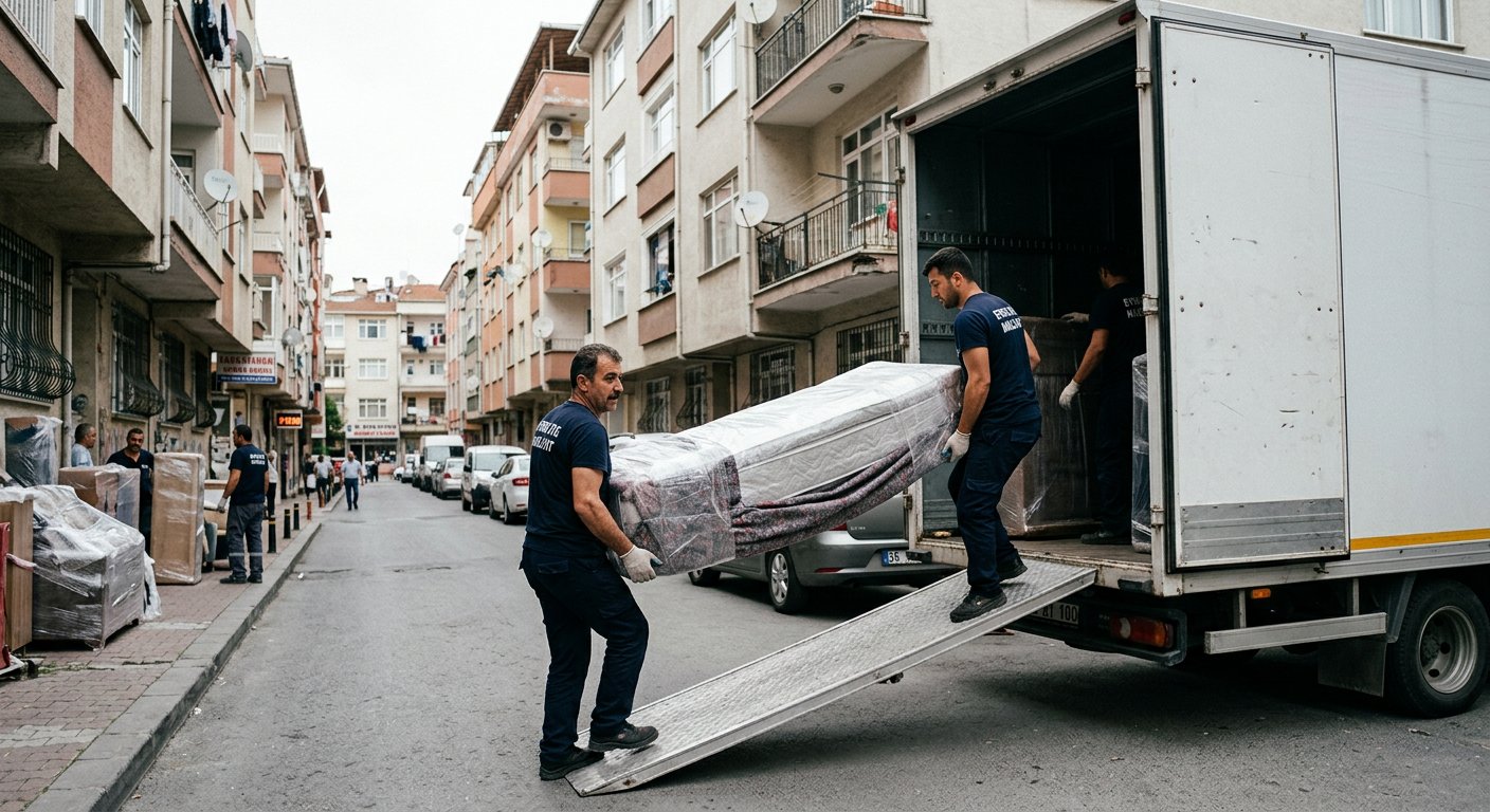 Beyaz mobilyayi kamyonet arkasina yukleme - asansörlü nakliyat