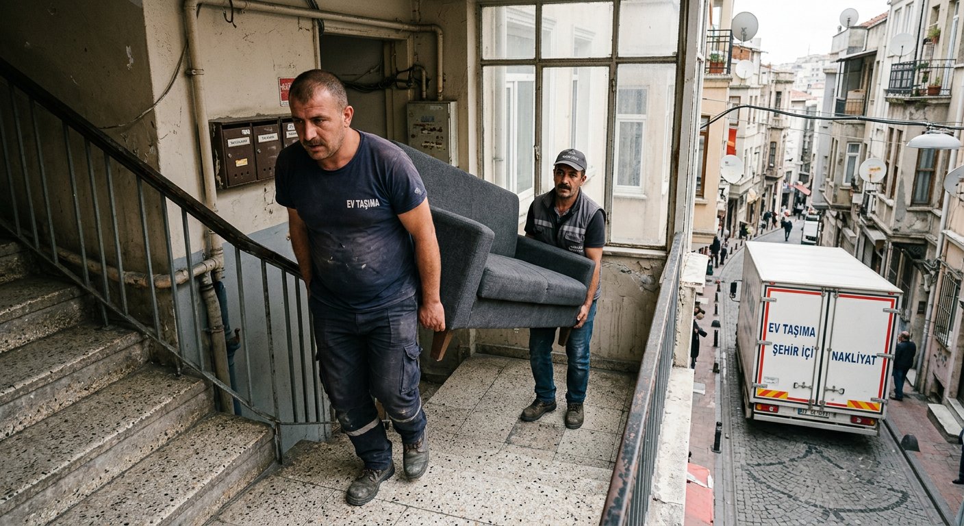 Dar kaldirimda mobilya tasima gorevlisi - Yüksek Kat Taşıma