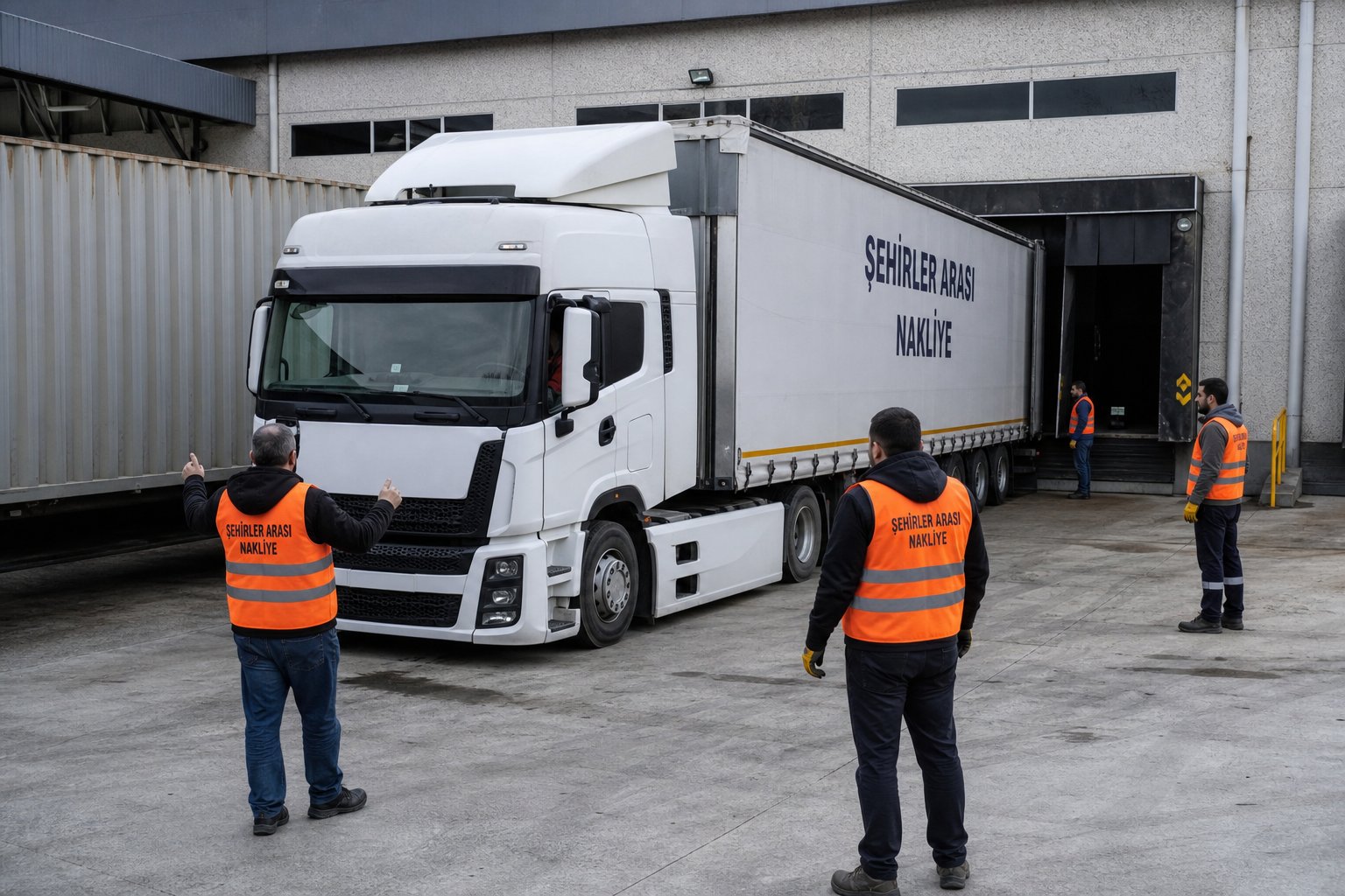 Depo sahasinda uzun yol kamyonu sevkiyat hazirligi - asansörlü nakliyat