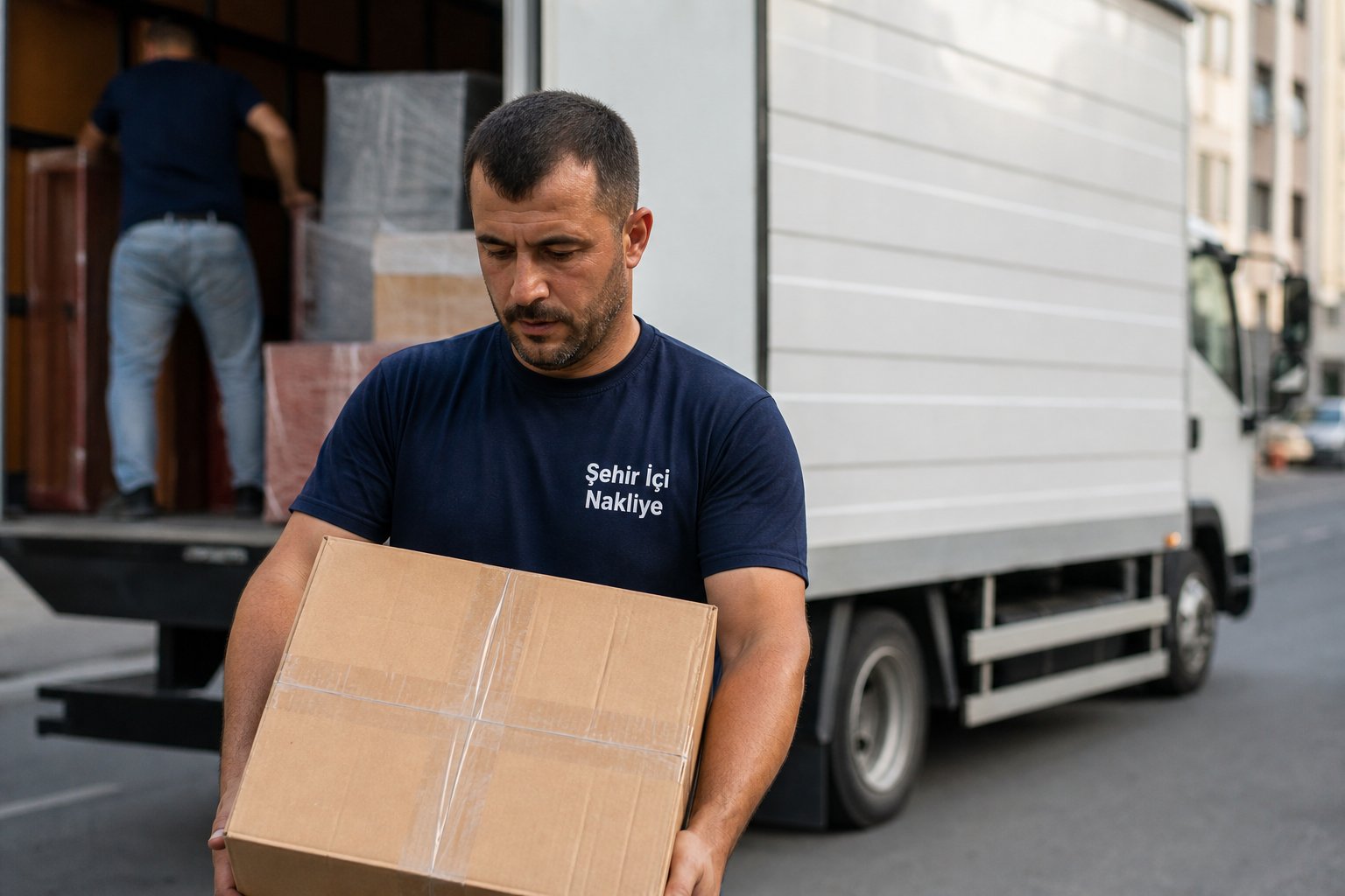 Kamyon onunde koli tasiyan personel - asansörlü nakliyat