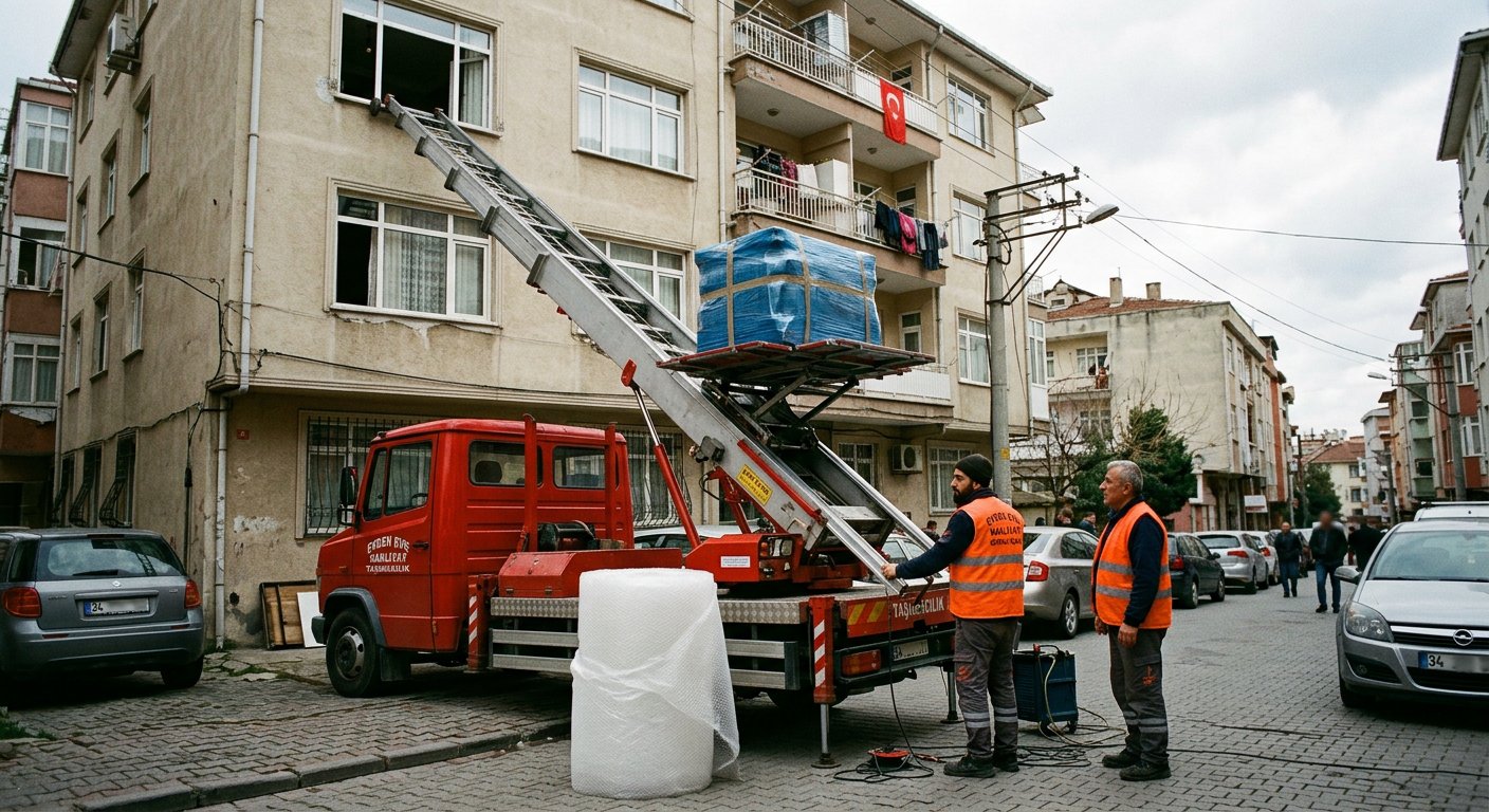 Kirmizi asansor araciyla mahalle ici tasima kurulumu - Asansörlü Evden Eve Nakliyat