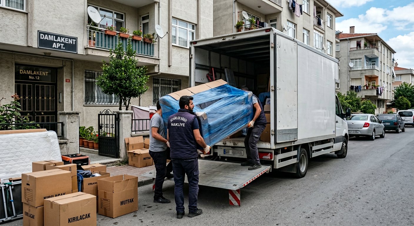 Mavi koltuk ve kolilerin araca yuklenmesi - Parça Eşya Taşıma