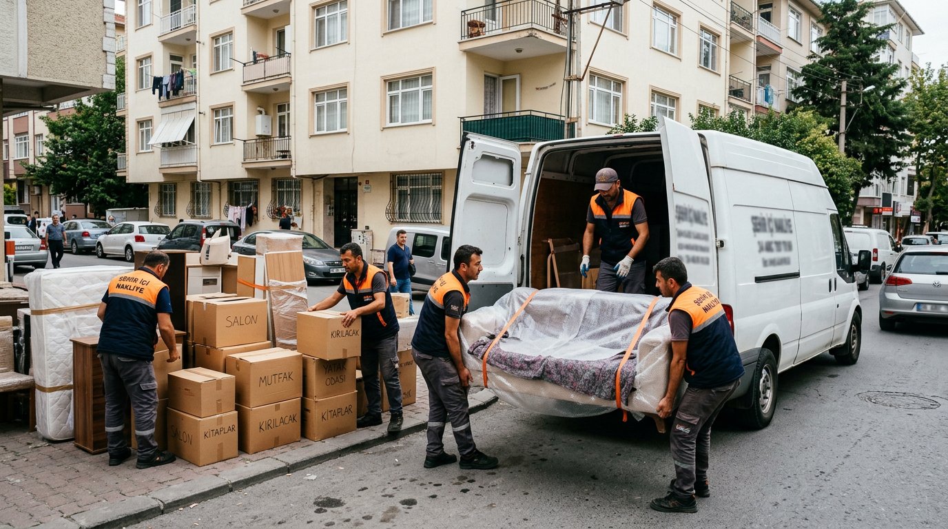 Nakliye minibusu onunde koli ve yatak grubu - asansörlü nakliyat