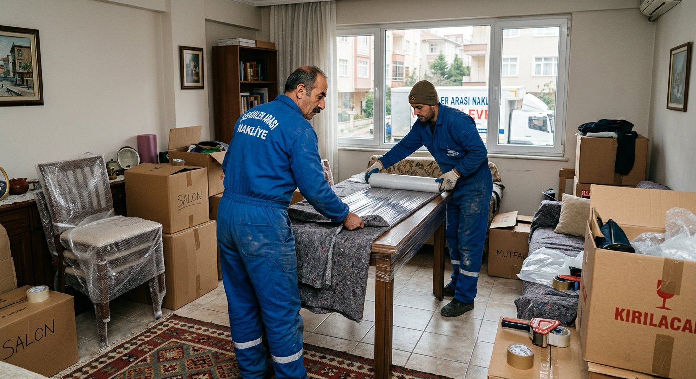 Salonda masa paketleyen profesyonel nakliyeciler - Mesafeli Hizmet Sözleşmesi