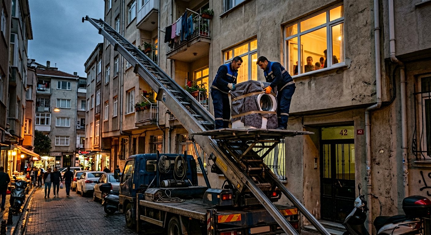 Turuncu asansorle binalar arasi esya transferi - Yükleme ve Boşaltma