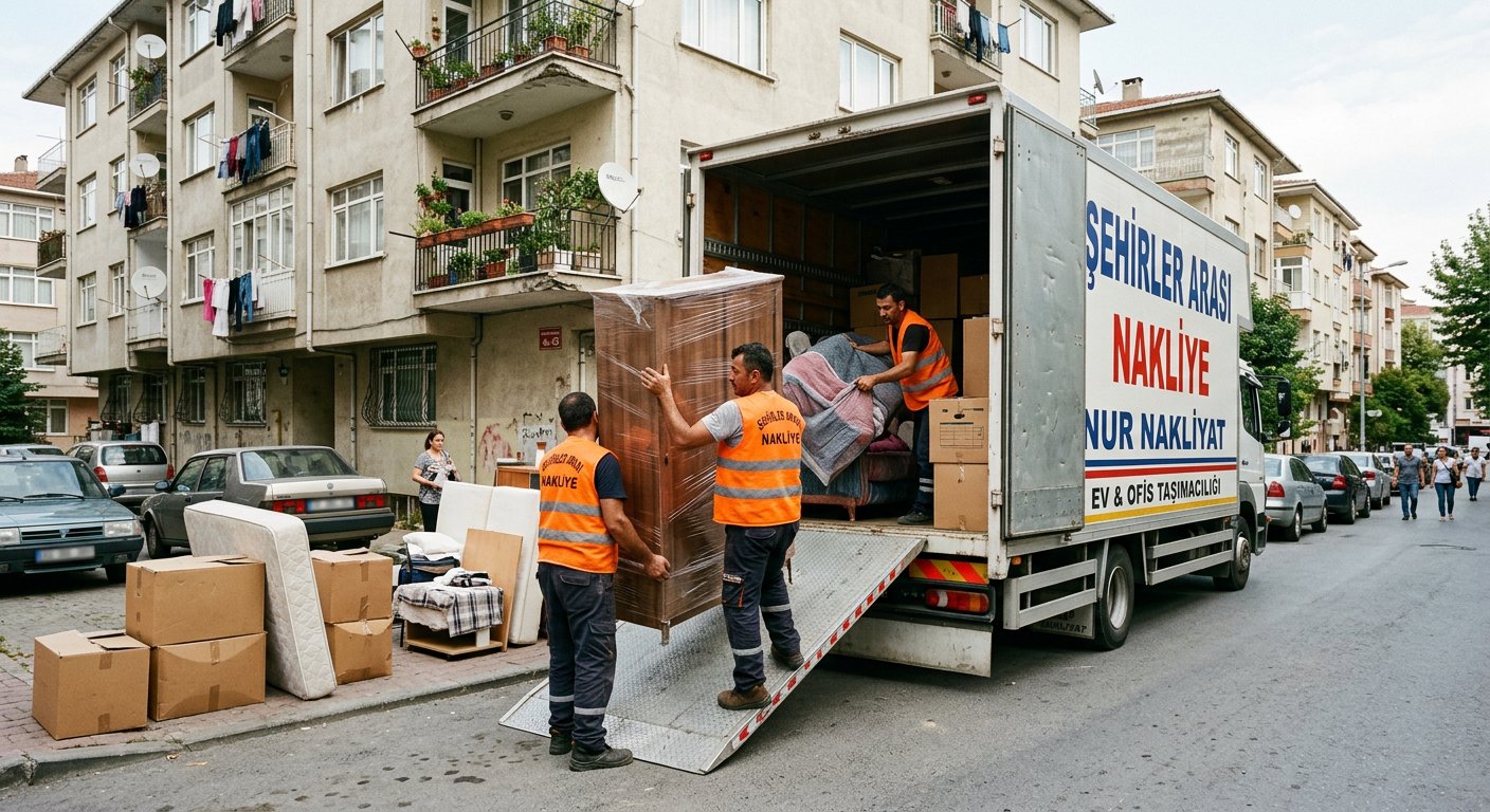 Turuncu ekip ve kolilerle arac yukleme - asansörlü nakliyat